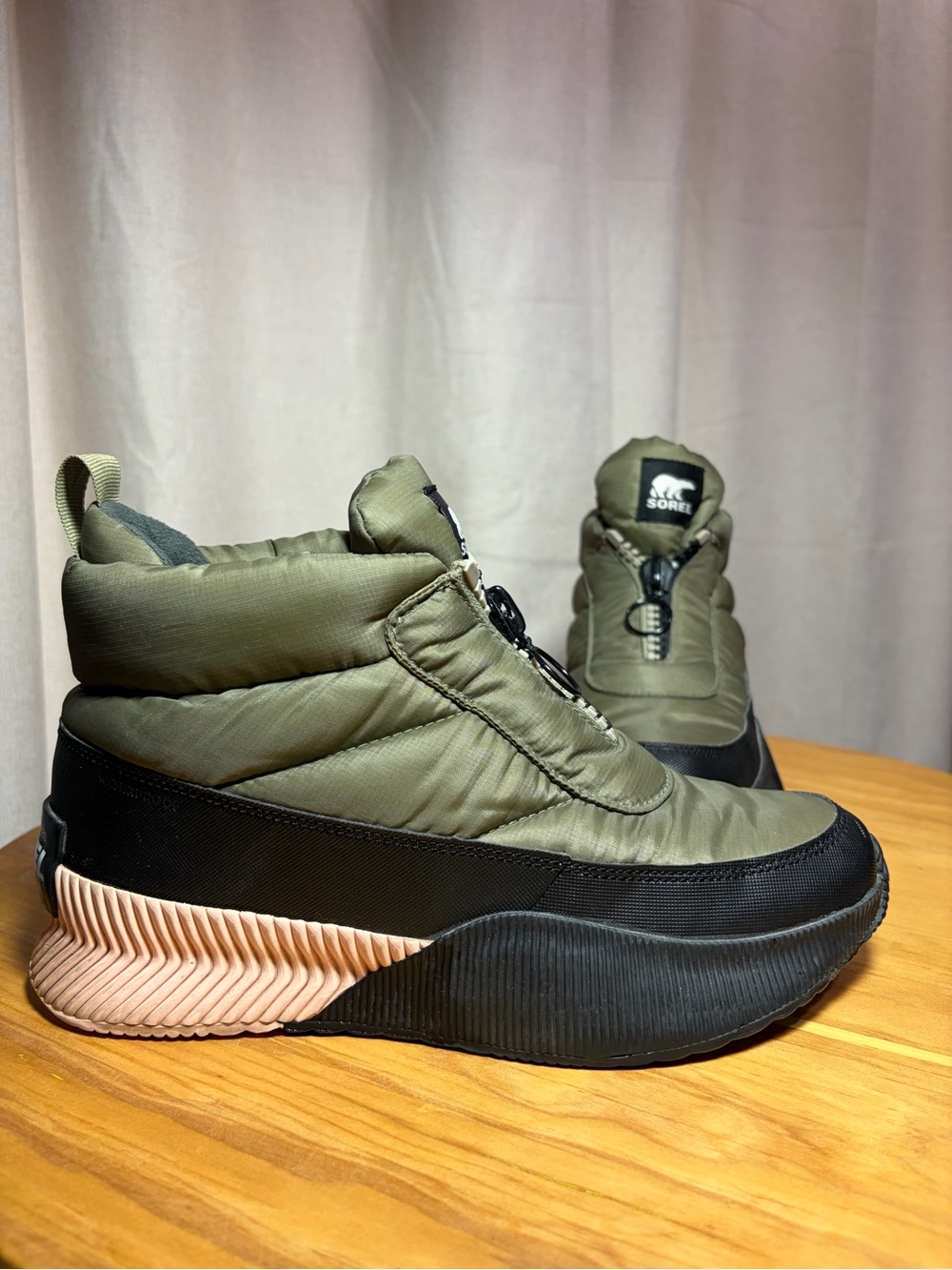 Sorel Olive Green Quilted Winter Sneakers with Black & Blush Sole